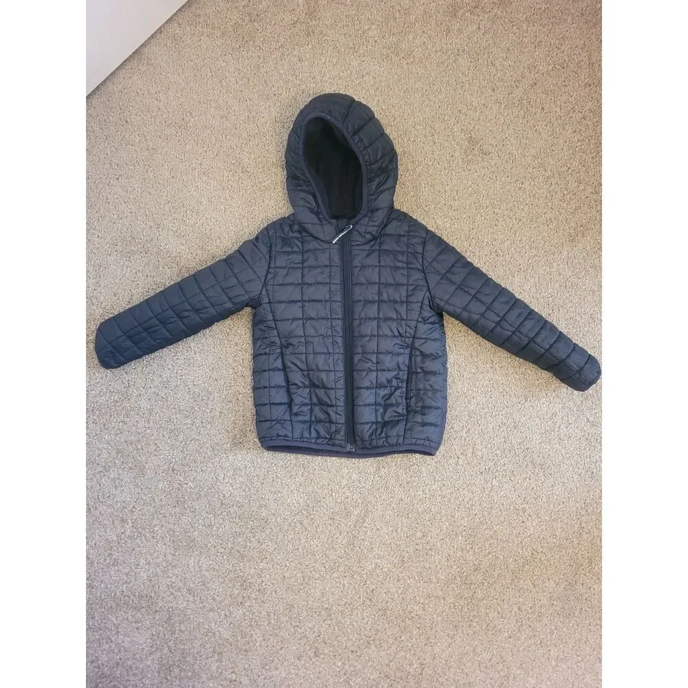 Cat & Jack Black Quilted Puffer Jacket Toddler Kids Size 5T Hooded Full Zip